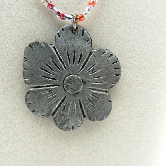 Pewter Flower Necklace 1.5" Pendant Adjustable 15" Multicolor Glass Beads - Picture 3 of 8
